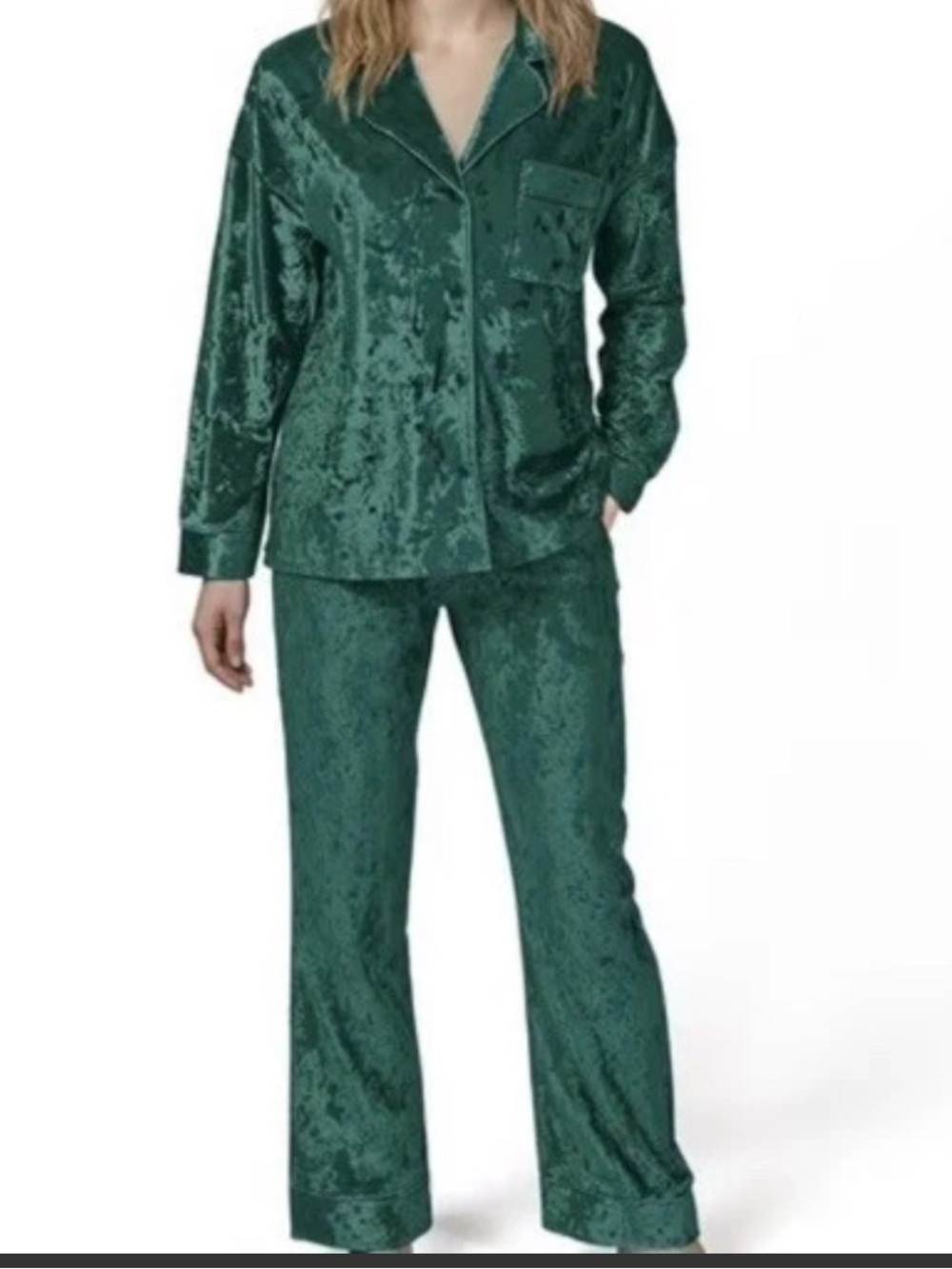 Lord & Taylor Women's 2-Piece Crashed Velvet Pajama Set Emerald Green~M